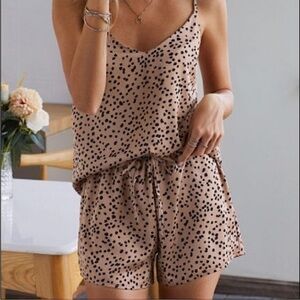 Tan Spotted Two Piece Lounge Set Cami & Shorts Pajama Outfit NWT
